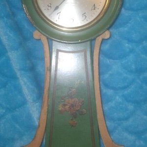 ANTIQUE SETH THOMAS BANJO CLOCK WALL WORKS! GREEN WITH FLOWERS & EAGLE FINIAL.